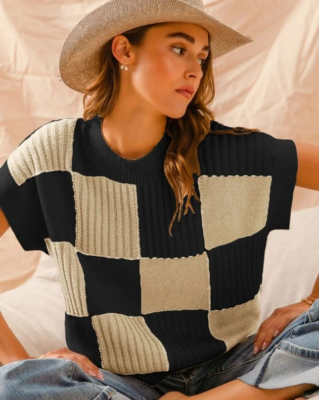 SO ME Check Plaid Casual Sweater Top OATMEAL BLACK