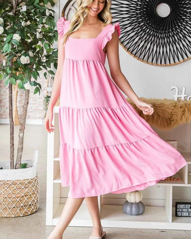 Reborn J Ruffled Sleeveless Tiered Midi Dress