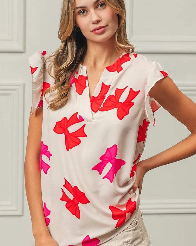 BiBi Bow Printed Woven Ruffled Sleeves V Neck Top