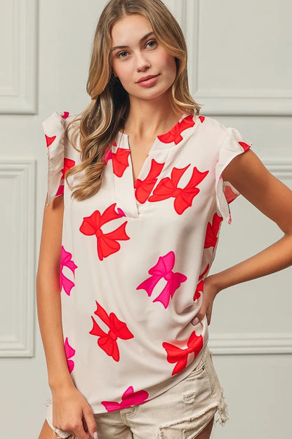 BiBi Bow Printed Woven Ruffled Sleeves V Neck Top