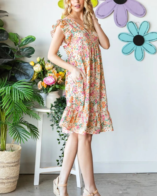 Heimish Full Size Floral Ruffled V-Neck Dress