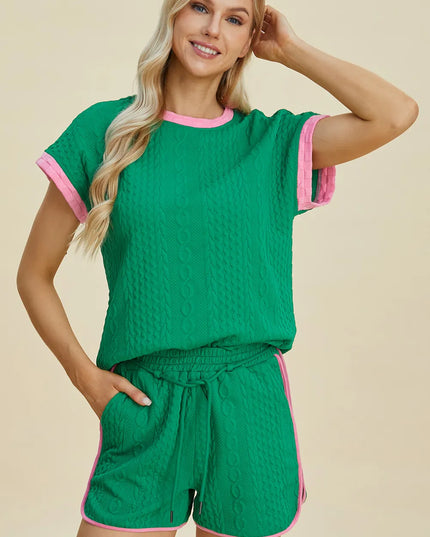 Double Take Full Size Texture Contrast T-Shirt and Shorts Set