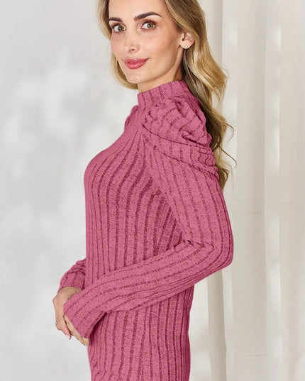 Basic Bae Full Size Ribbed Mock Neck Puff Sleeve T-Shirt