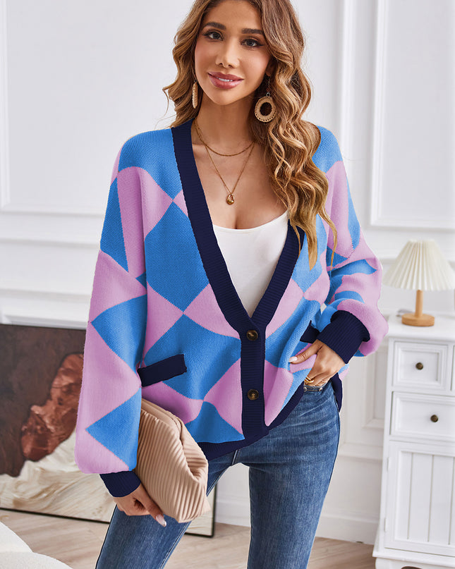 Geometric Lantern Sleeve Cardigan with Pockets