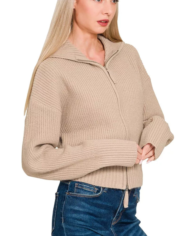 Zenana Ribbed Collared Zip Up Sweater Cardigan