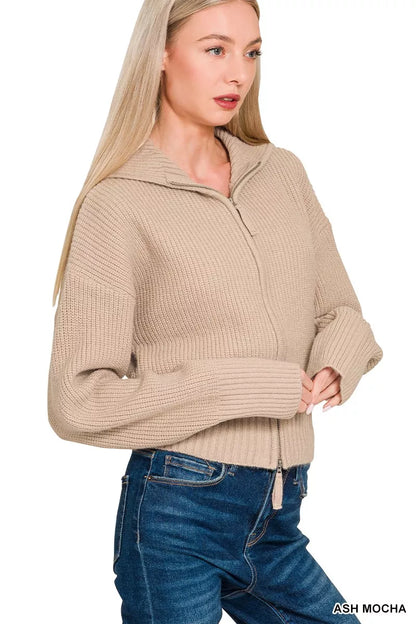 Zenana Ribbed Collared Zip Up Sweater Cardigan
