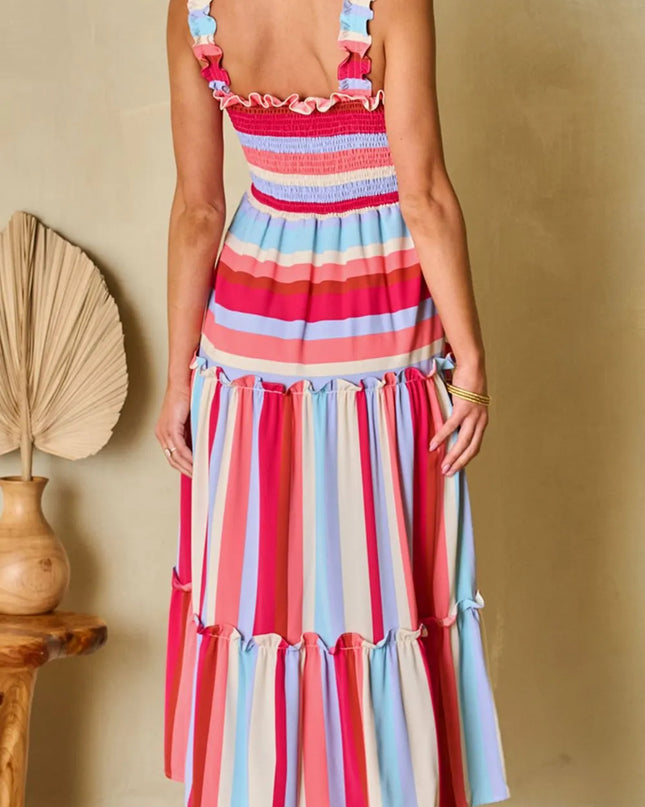 Contrast Stripe Wide Strap Smocked Tiered Dress