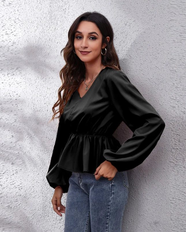 V-Neck Balloon Sleeve Peplum Blouse