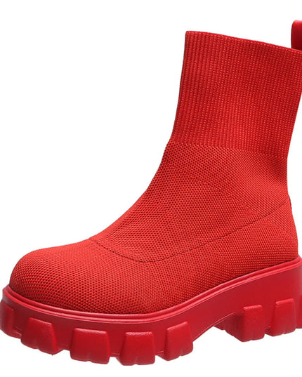 Round Toe Platform Boots Red