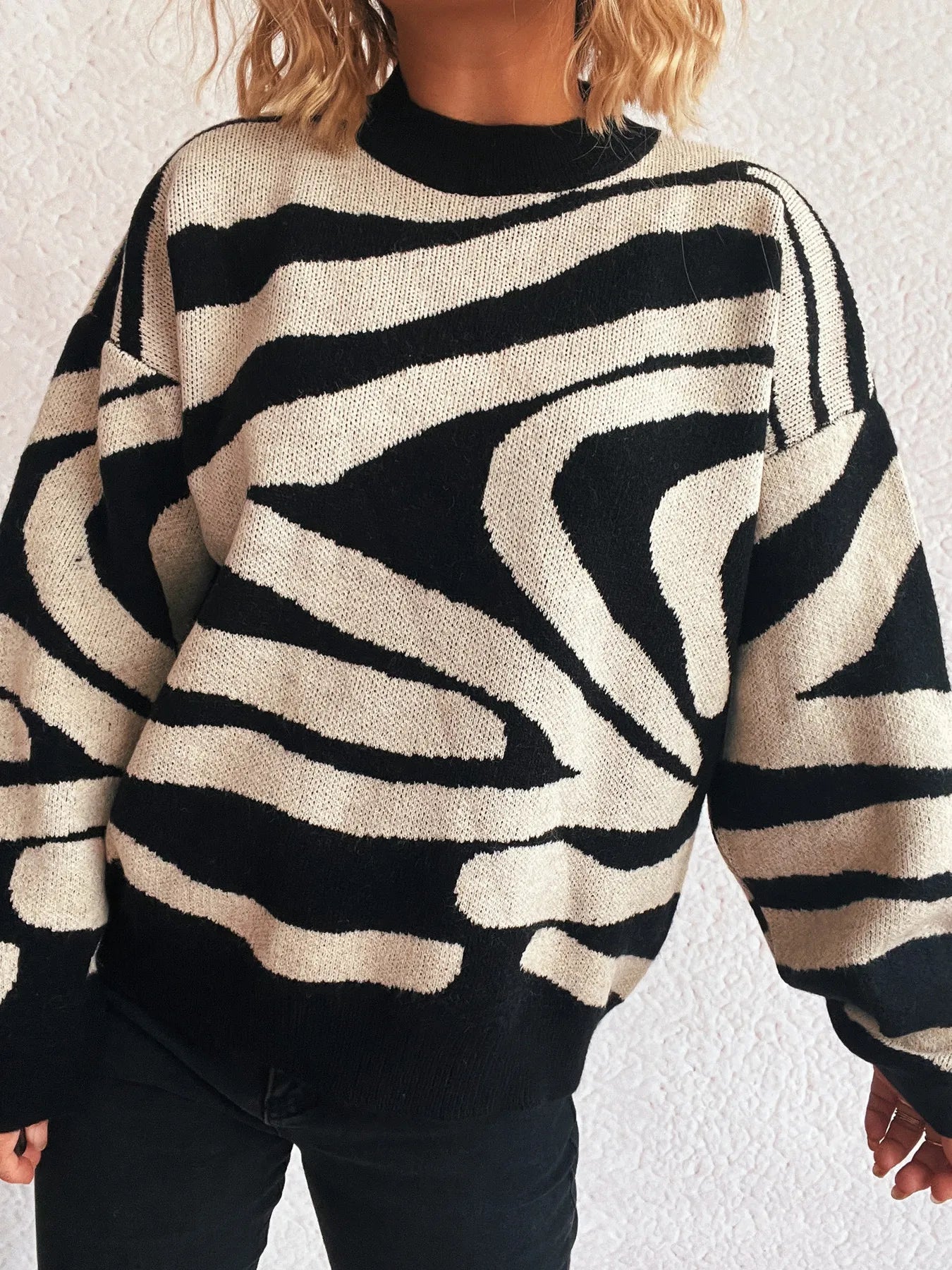 Zebra Print Round Neck Sweater