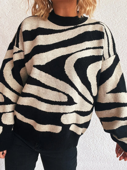 Zebra Print Round Neck Sweater