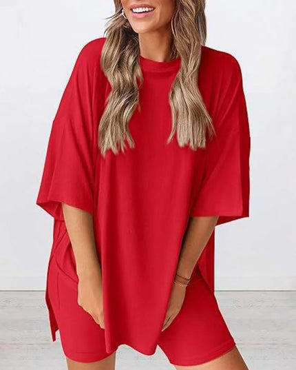 Full Size Oversized Slit Round Neck Top and Shorts Lounge Set Plus Size 