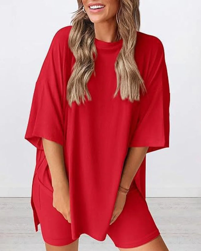 Full Size Oversized Slit Round Neck Top and Shorts Lounge Set Plus Size 