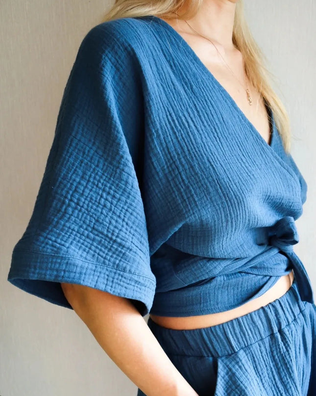Tied Textured Half Sleeve Blouse