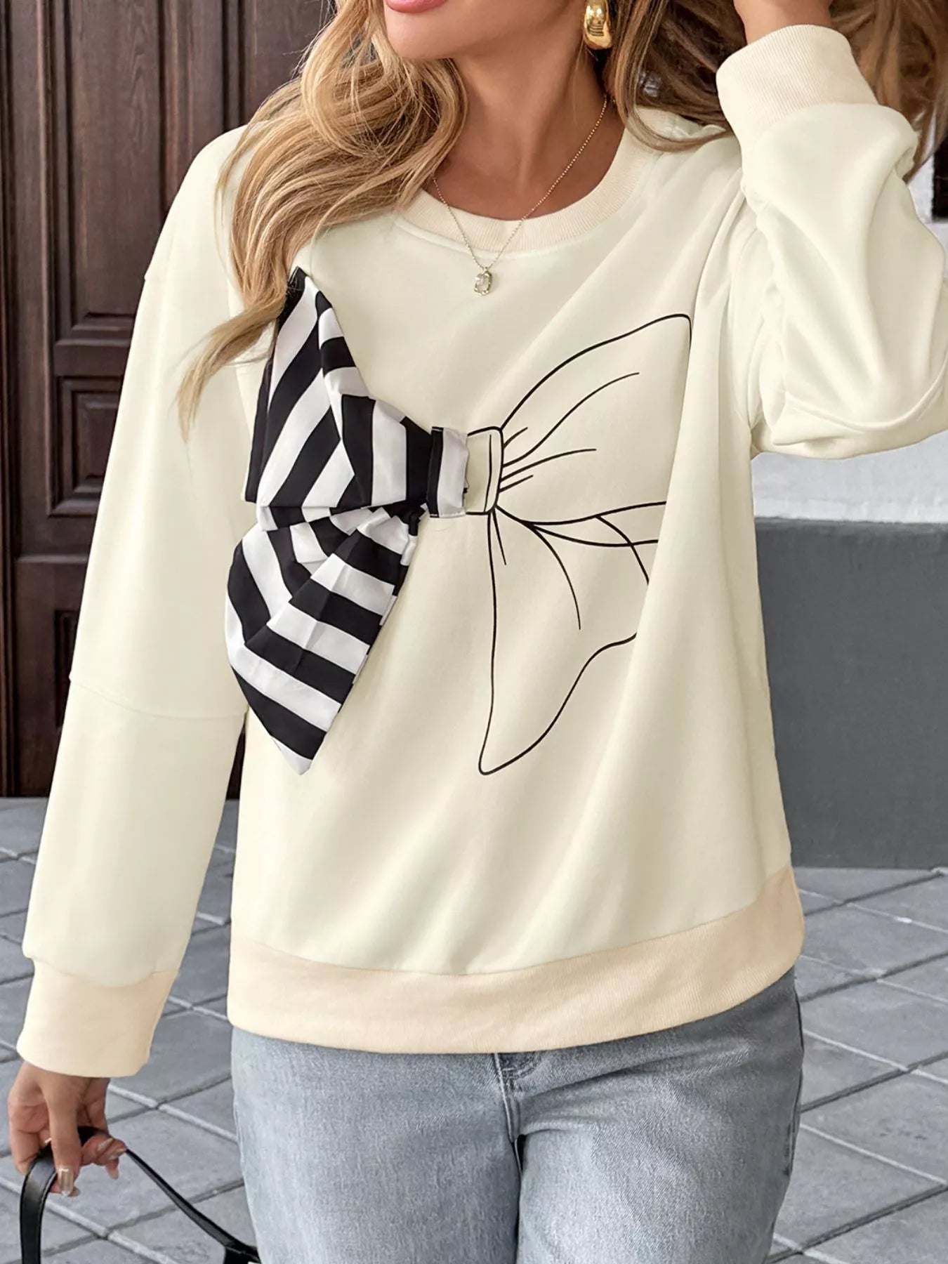 Bow Round Neck Dropped Shoulder Sweatshirt