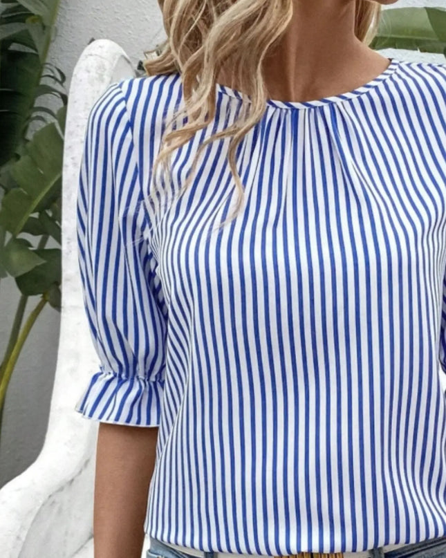 Striped Round Neck Half Sleeve Casual Blouse