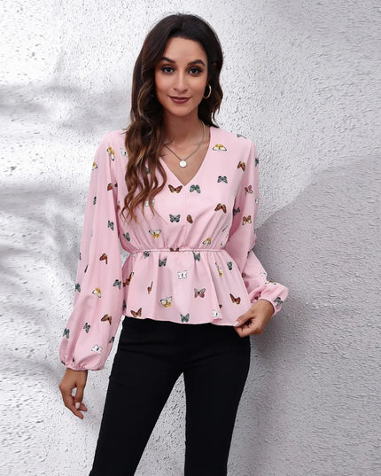 Butterfly V-Neck Balloon Sleeve Peplum Blouse Blush Pink
