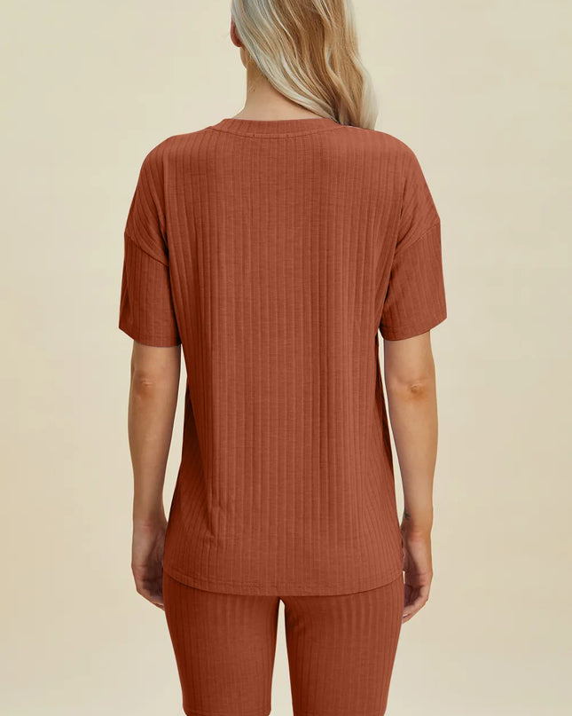 Basic Bae Full Size Ribbed V-Neck Short Sleeve Top and Shorts Set