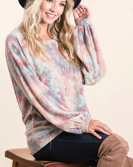 BiBi Brushed Tie Dye Print Top with Puff Sleeves TIE DYE