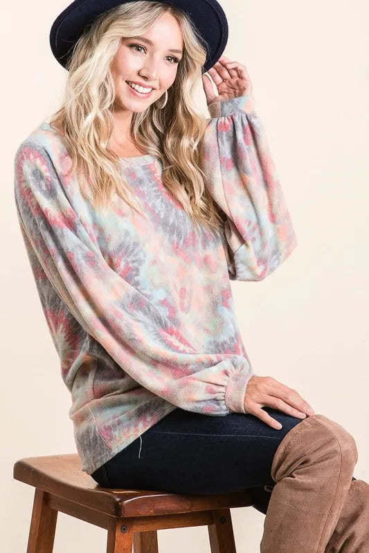 BiBi Brushed Tie Dye Print Top with Puff Sleeves TIE DYE