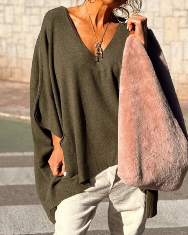 Ribbed Hem V-Neck Sweater