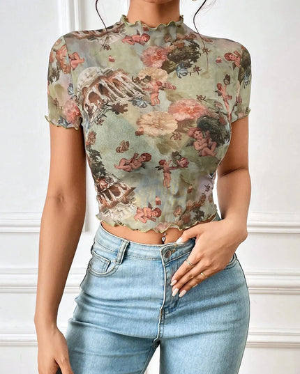 Abstract Print Ruffled Mock Neck Crop T-Shirt