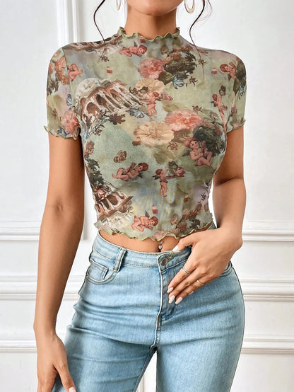 Abstract Print Ruffled Mock Neck Crop T-Shirt