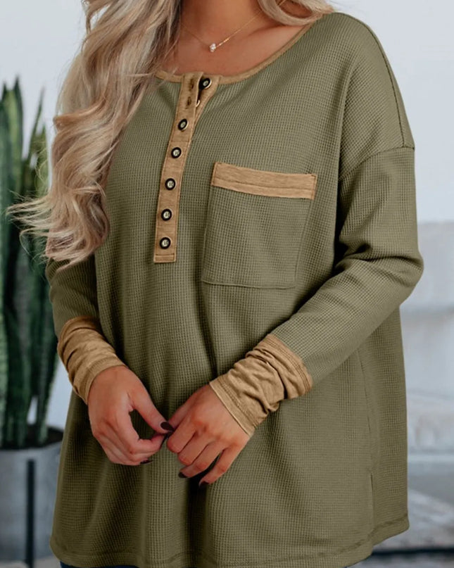 Button Front Contrast Trim Top Moss