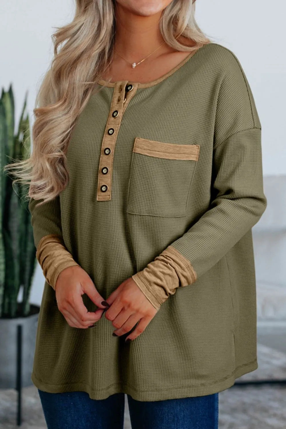 Button Front Contrast Trim Top Moss