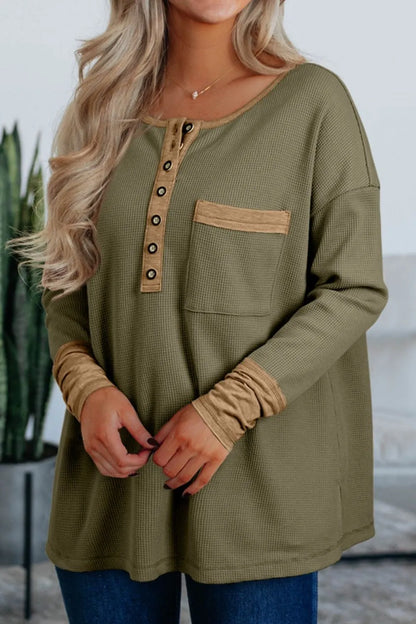 Button Front Contrast Trim Top Moss