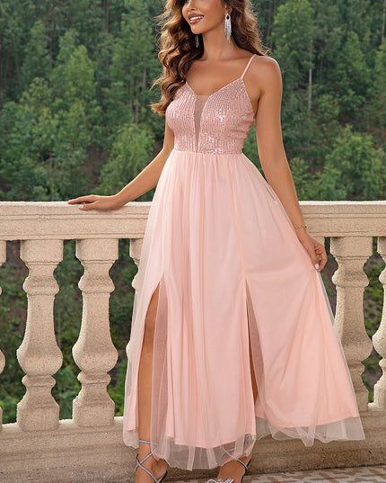 Spaghetti Strap Slit Mesh Dress. 