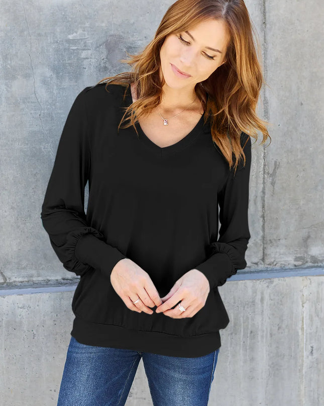 Basic Bae Full Size V-Neck Lantern Sleeve Top Black