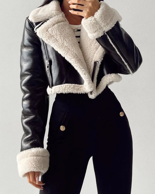 Collared Neck Long Sleeve Plush Cropped Jacket Black White