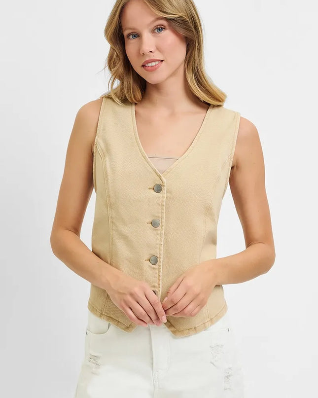 RISEN Full Size V Neck Button Down Vest Plus Size