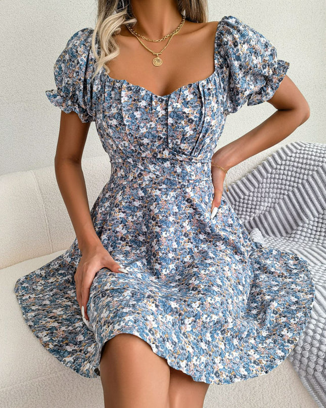 Floral Sweetheart Neck Flounce Sleeve Mini Dress