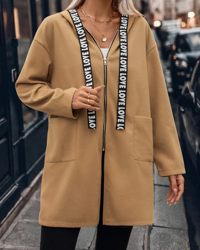 Letter Print Strap Zip Up Hooded Trench Coat