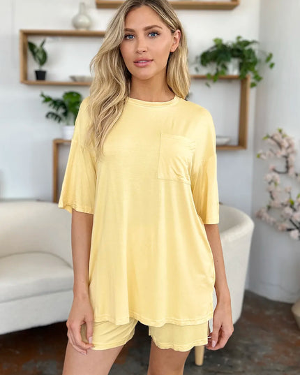 Basic Bae Bamboo Full Size Round Neck Drop Shoulder T-Shirt and Shorts Set