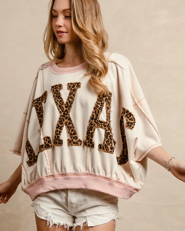 BiBi Leopard Print Texas Patchwork Overlock Stitch Top