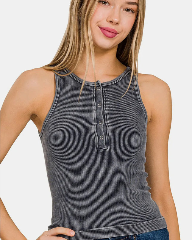 Zenana Washed Ribbed Half Snap Seamless Tank Ash Black