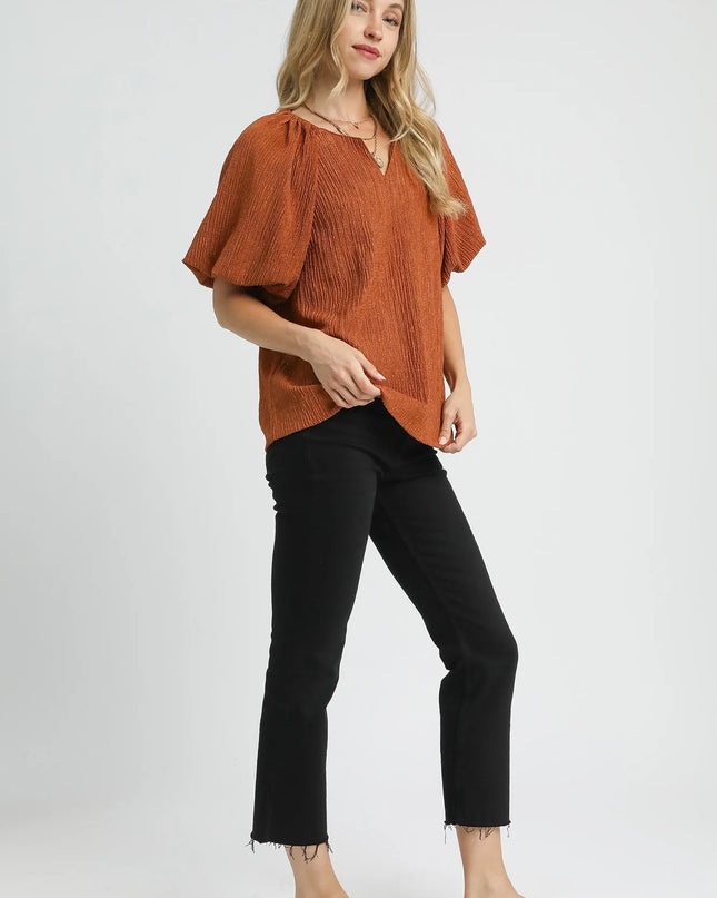 Umgee Textured Flutter Sleeve Notch Neck Top