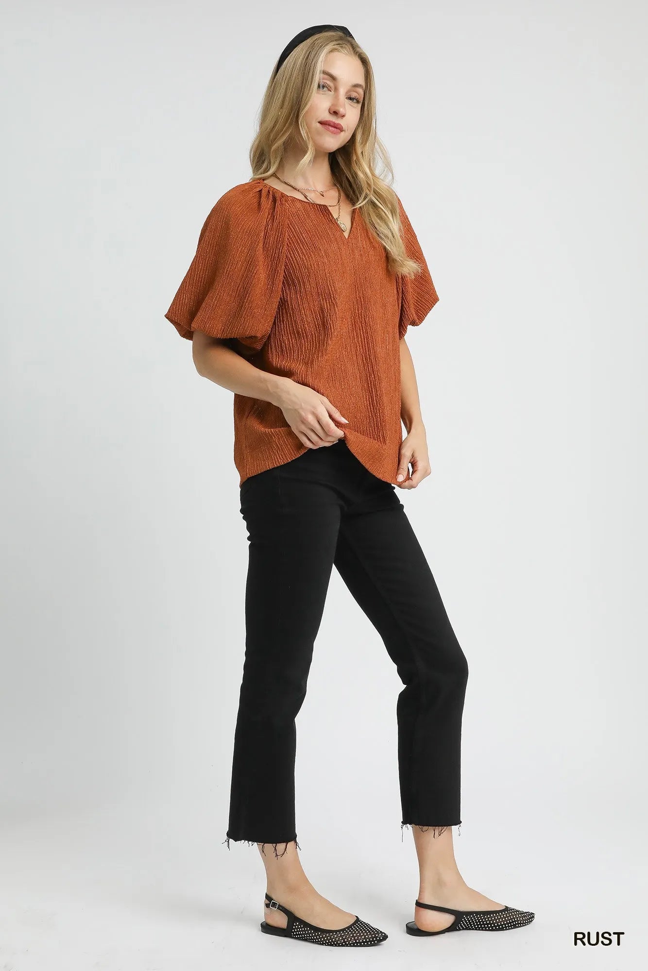 Umgee Textured Flutter Sleeve Notch Neck Top