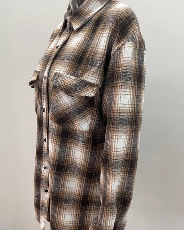 Full Size Plaid Button-Up Long Sleeve Shirt Plus Size Brown