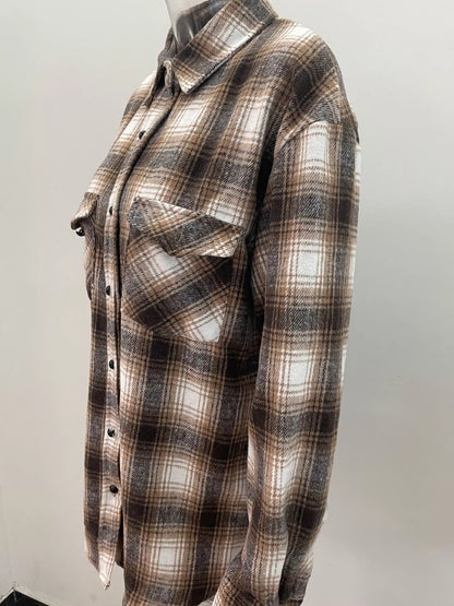 Full Size Plaid Button-Up Long Sleeve Shirt Plus Size Brown