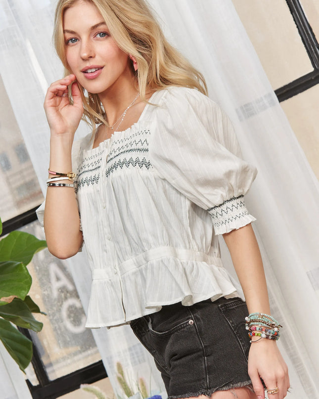 ADORA Smocked Puff Sleeve Peasant Blouse 
