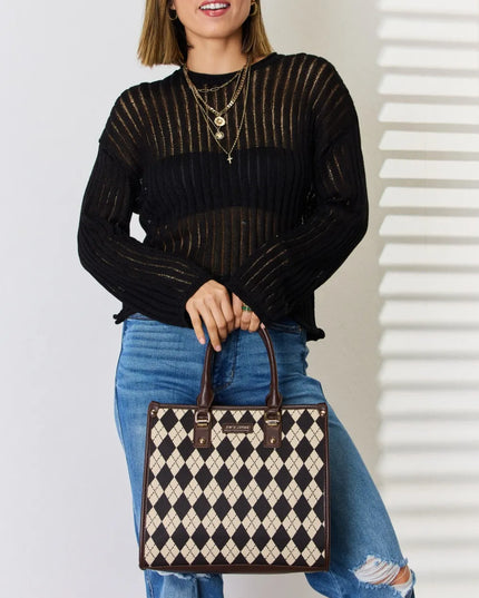 David Jones Argyle Pattern PU Leather Handbag Chocolate One Size