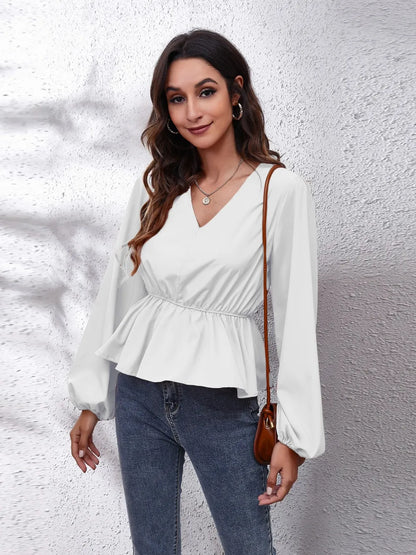 V-Neck Balloon Sleeve Peplum Blouse White