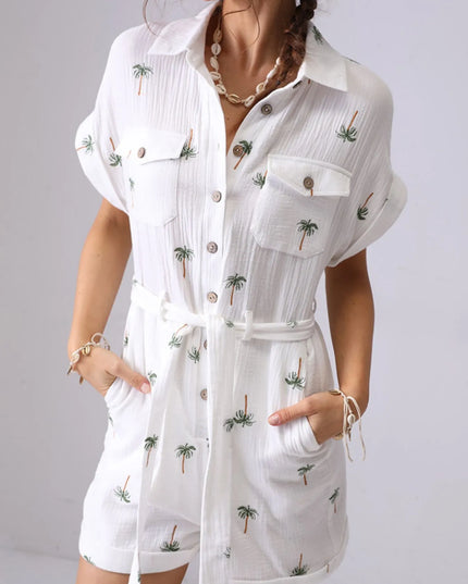 Palm Tree Print Short Sleeve Button-Up Romper with Belt