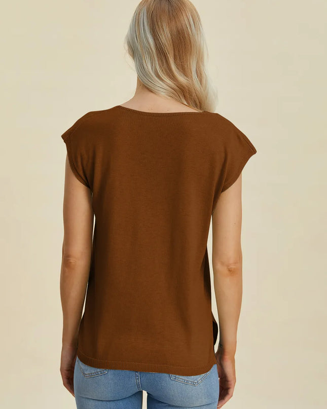 Double Take Full Size Notched Cap Sleeve Knit Top