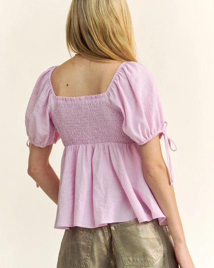 Davi & Dani Solid Elastic Peplum Puffed Sleeves Blouse