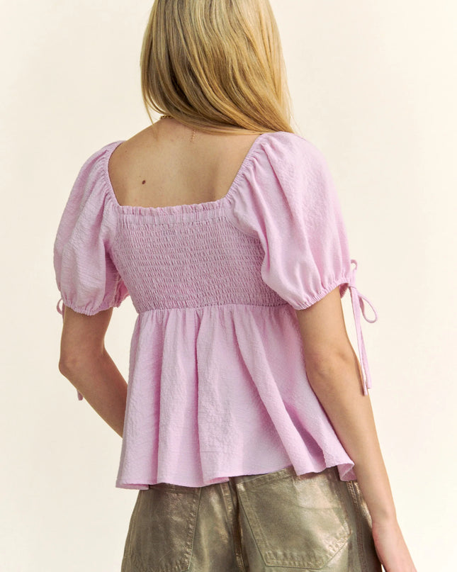 Davi & Dani Solid Elastic Peplum Puffed Sleeves Blouse